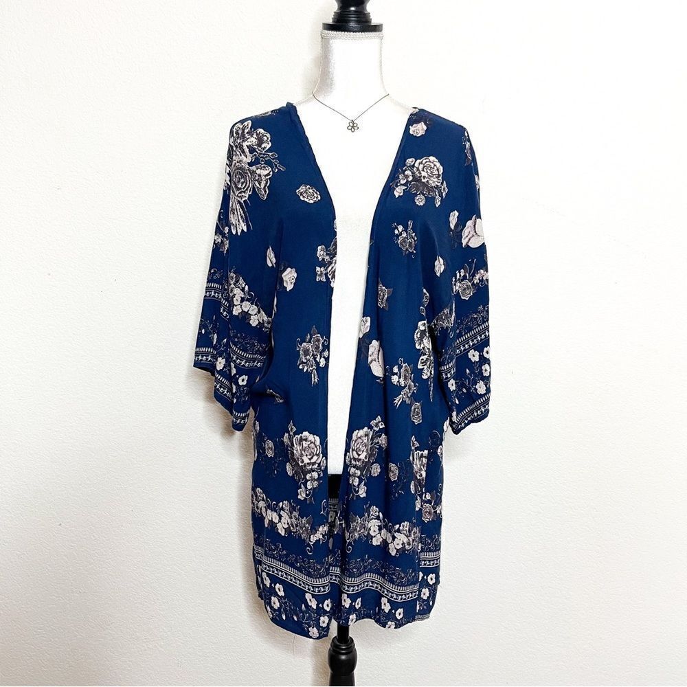 Anandas Collection Women's Blue Floral Kimono Cover-Up Size L